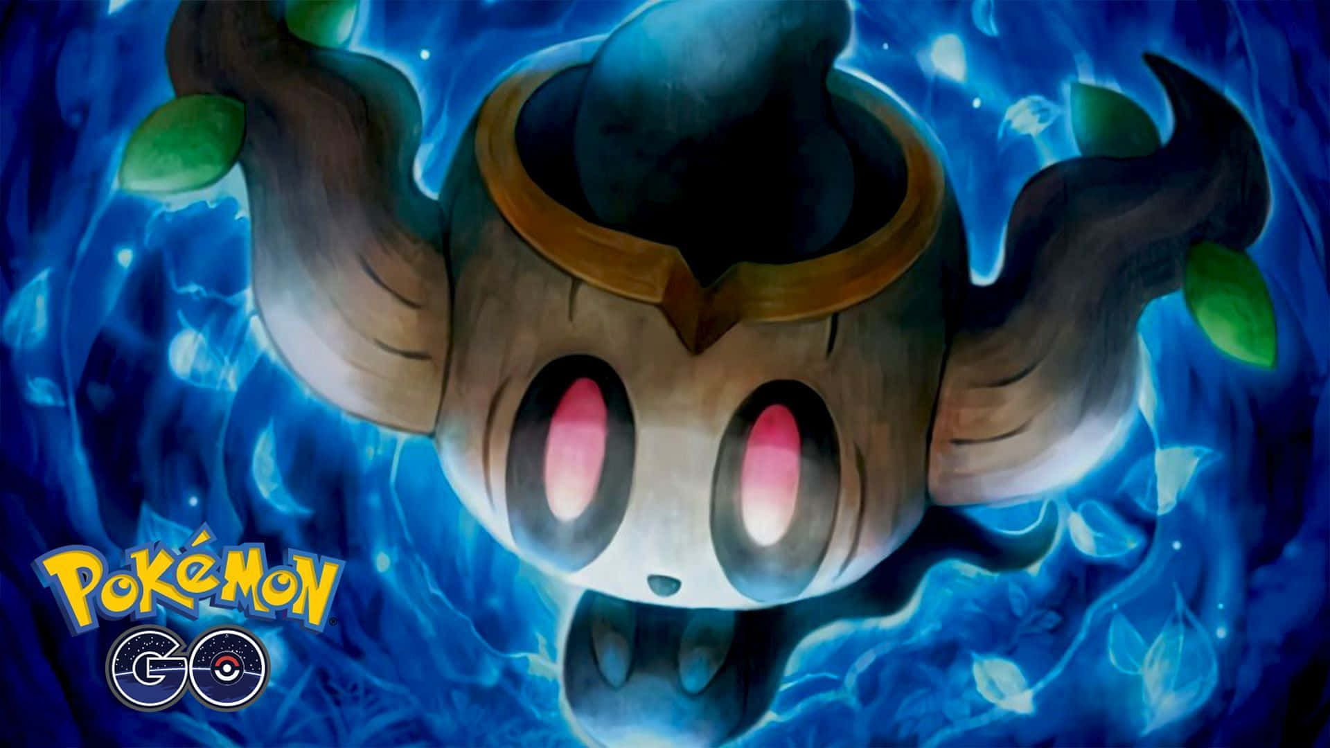 Phantump 出現在 Pokemon GO 中 壁紙 — 一隻發光的幽靈系寶可夢，長著葉狀角和一雙粉紅色的眼睛，在黑暗背景中漂浮於旋轉的藍色能量中。