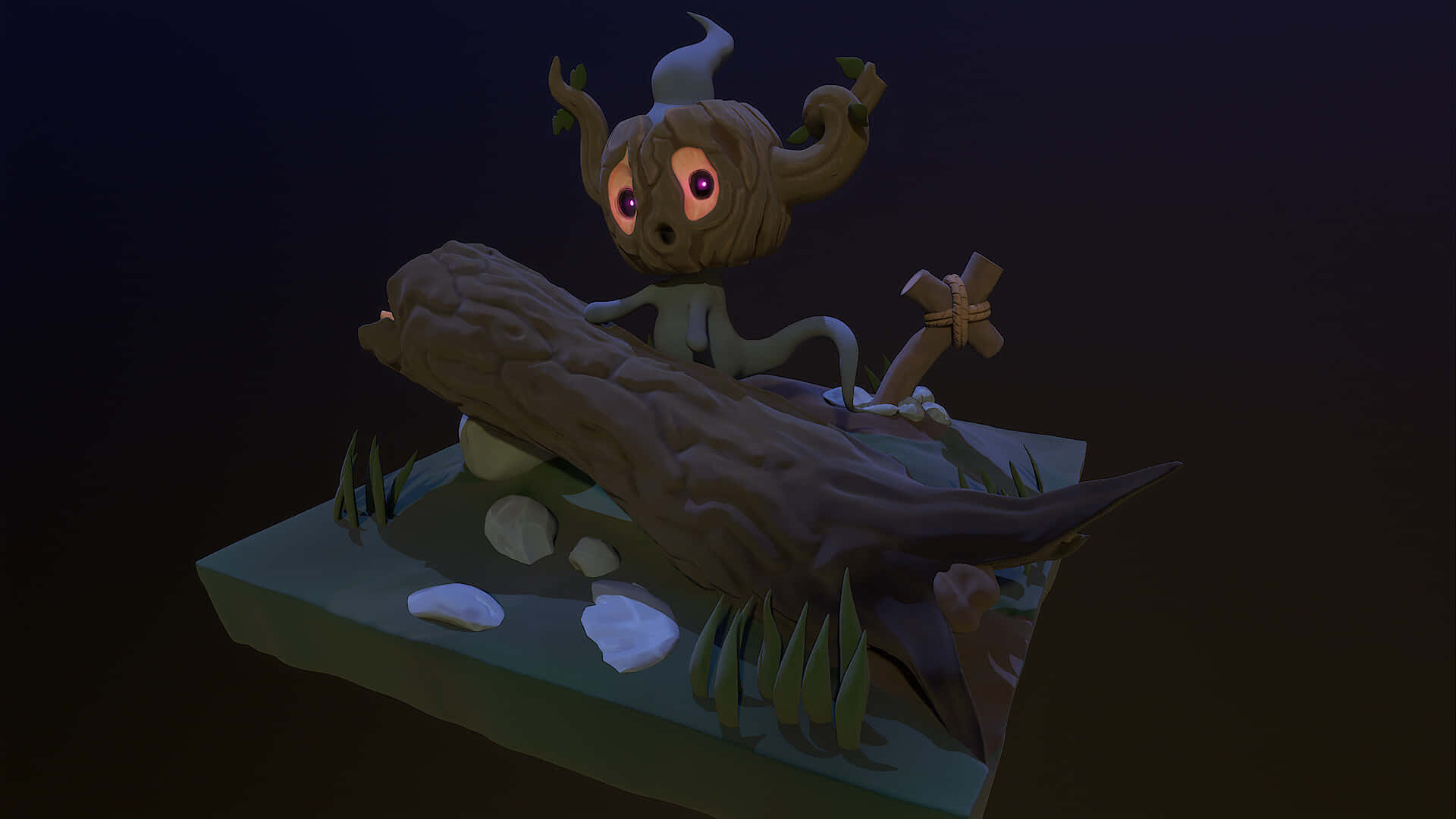 Phantump 坐在樹枝上 壁紙 — 一個發光眼睛、長著鹿角狀角的樹靈，坐在黑暗森林空地中長滿苔蘚的木頭上。