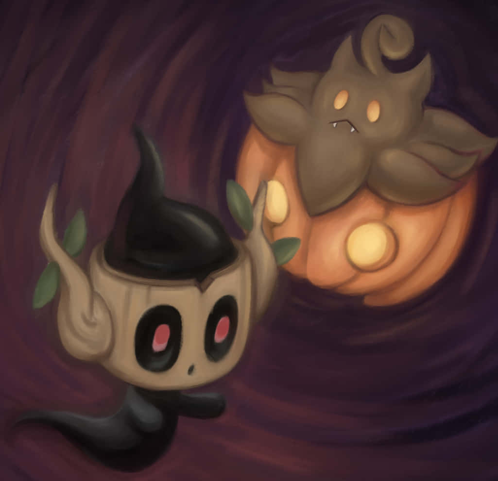 Phantump 從南瓜逃走 壁紙 — 兩個可愛的卡通生物漂浮在旋轉的深紫色隧道中，一個有發光的眼睛和樹葉手臂，另一個是南瓜頭幽靈，帶有發光球體。
