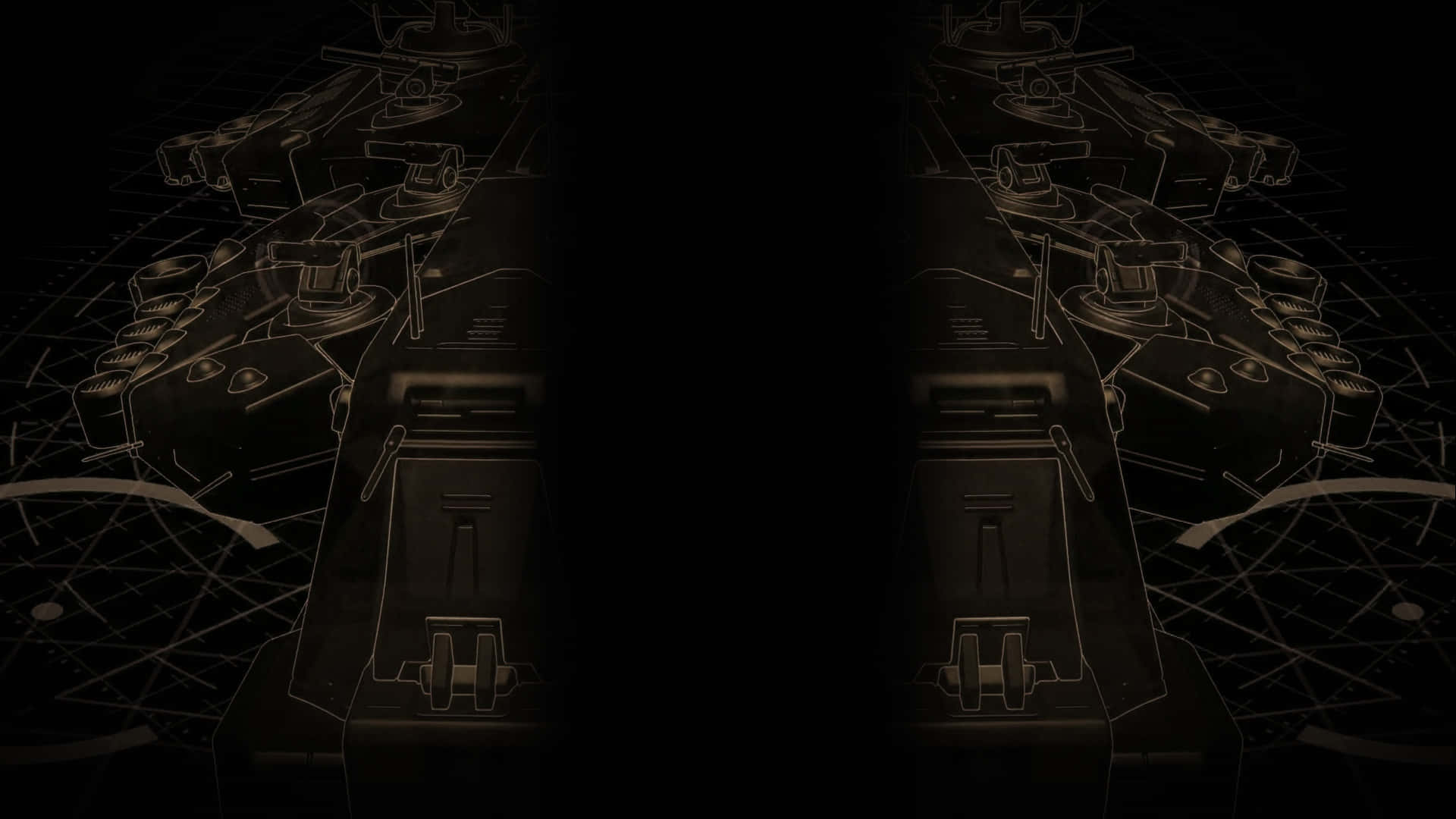 《灰燼奇點》PHC巡洋艦背景 壁紙 — 對稱的黑暗剪影，未來戰爭機器以發光線條勾勒在網格圖案上。