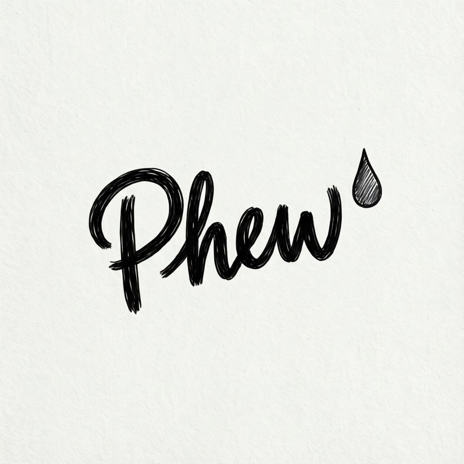 手寫字詞 Phew 連同滴汗符號喺有紋理嘅紙上。