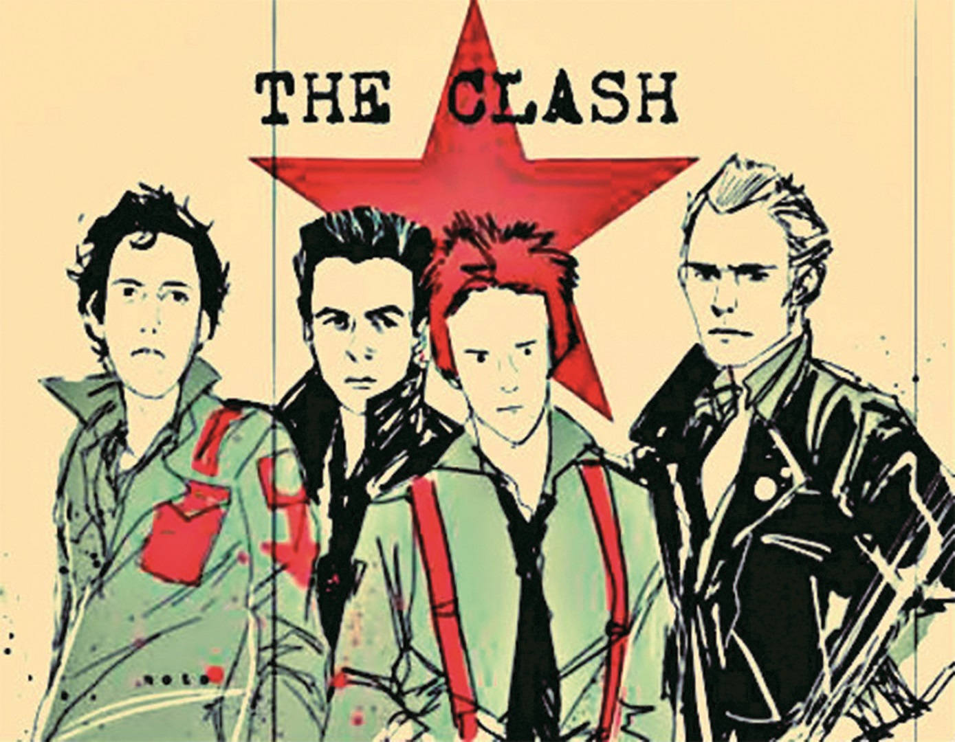 Phil Noto繪製的The Clash漫畫藝術作品 壁紙 — 四位龐克搖滾歌手站在一顆紅色星星下，星星有粗線條輪廓和潑濺的顏料，背景是米色。