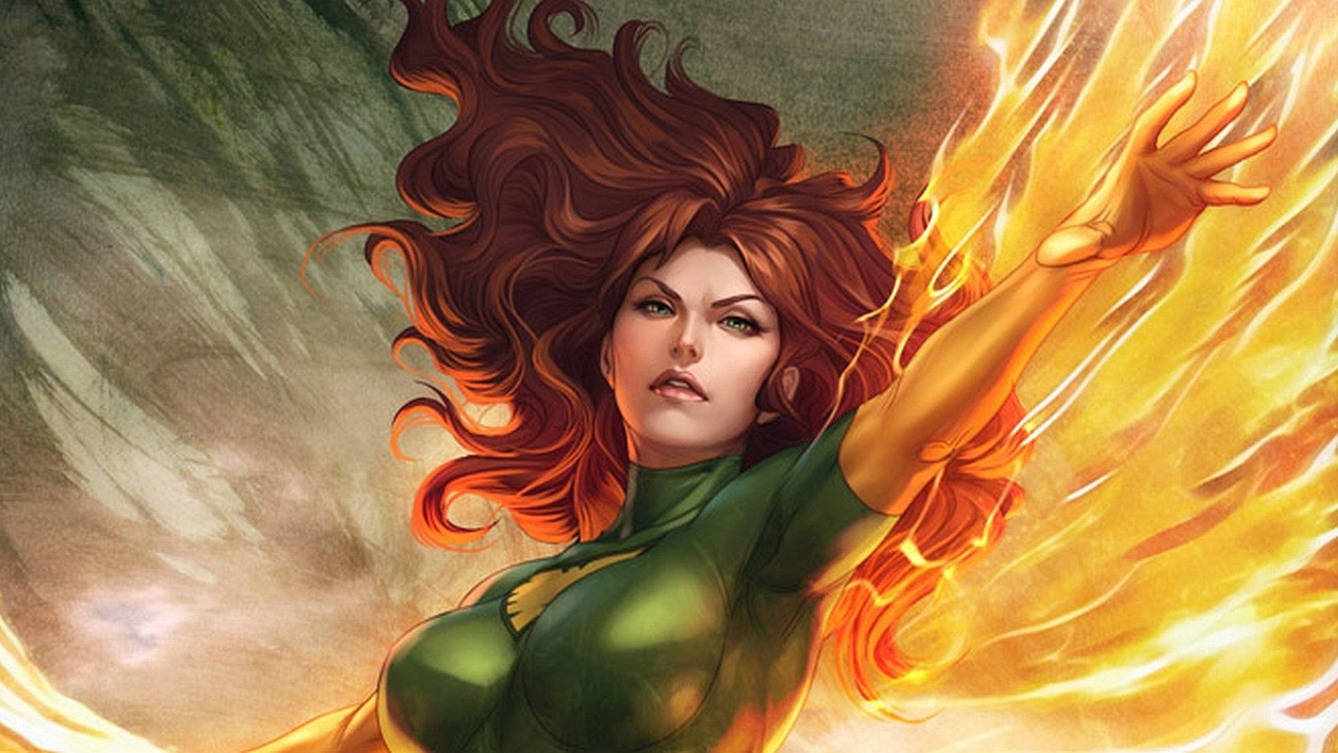 動畫版Phoenix Jean Grey藝術作品 壁紙 — 一位強大的女性超級英雄，擁有火紅的頭髮和綠色套裝，從她伸出的手中釋放出熾熱的能量，背景是旋轉的暴風雨。