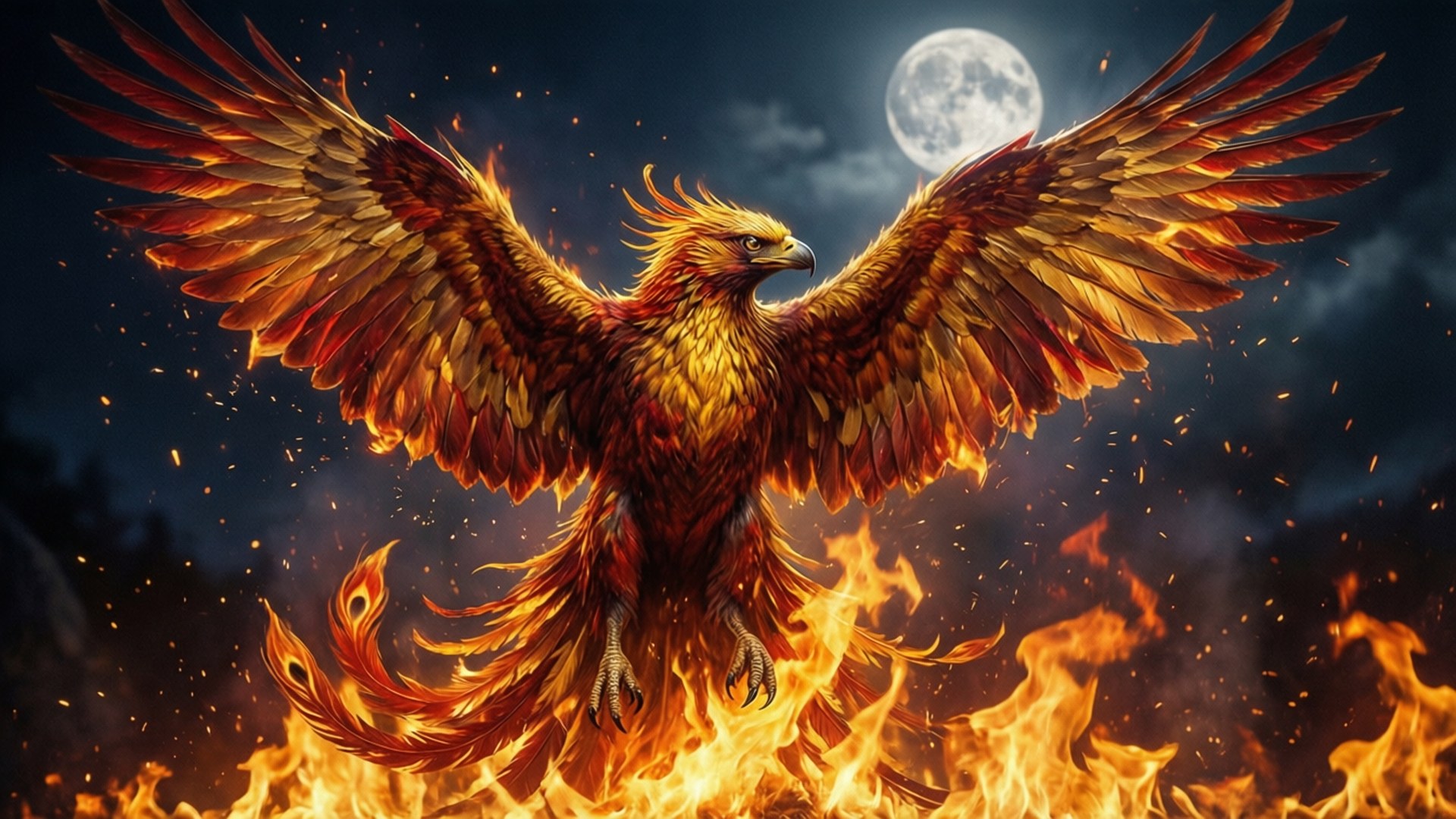 一隻神話中的鳳凰，擁有火焰般的羽毛，在夜晚的滿月下站在火焰之上。