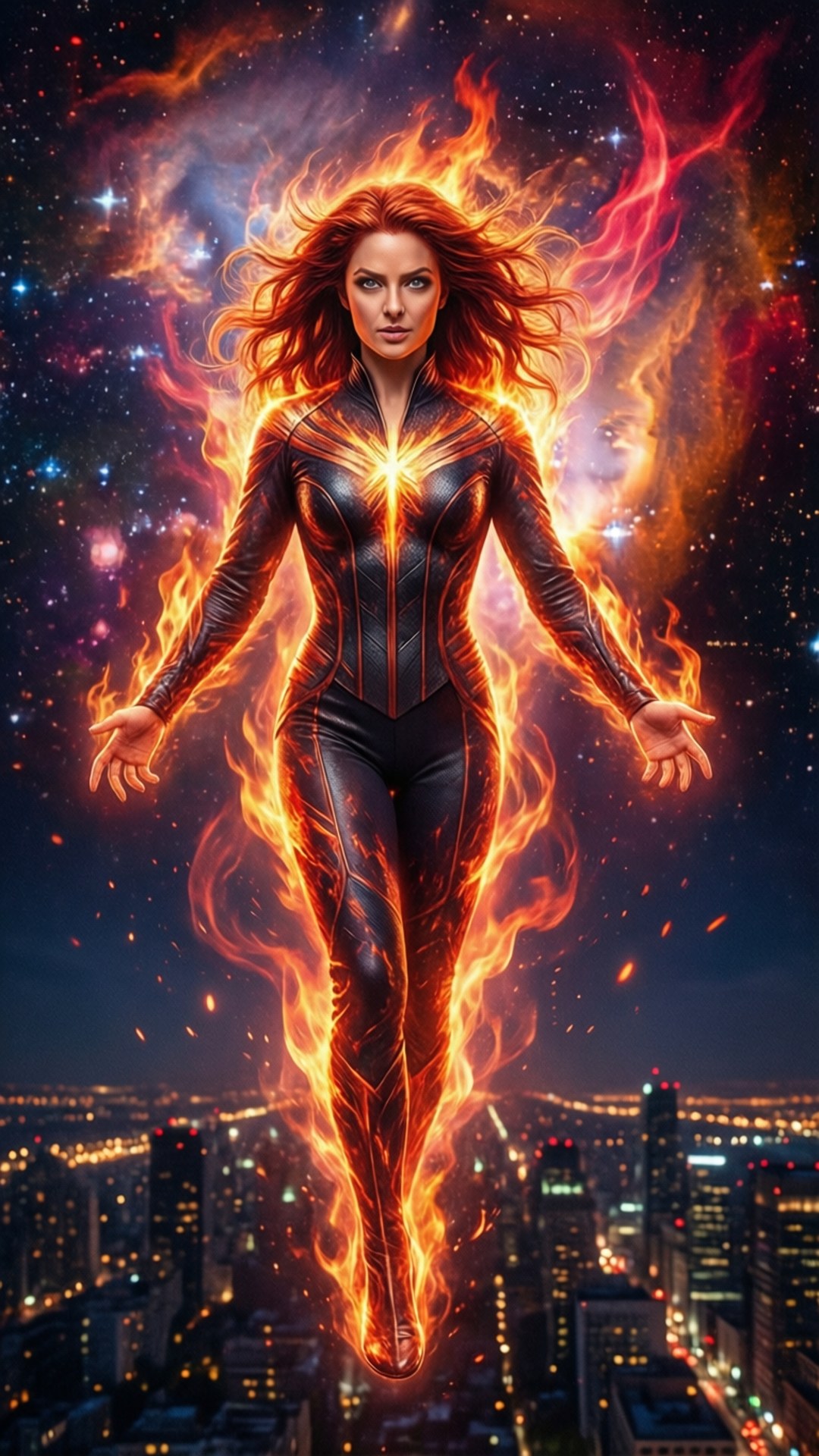 一個被火焰包圍的女人在星空下懸浮在夜晚燈火通明的城市上空。