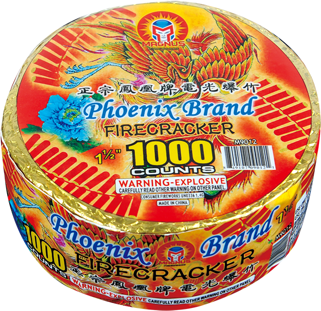 Phoenix品牌1000支煙花包 壁紙 — 一個色彩鮮豔的圓形鳳凰牌爆竹盒，包裝以紅、金、橙色為主，上面有火焰鳳凰和藍色花朵圖案。