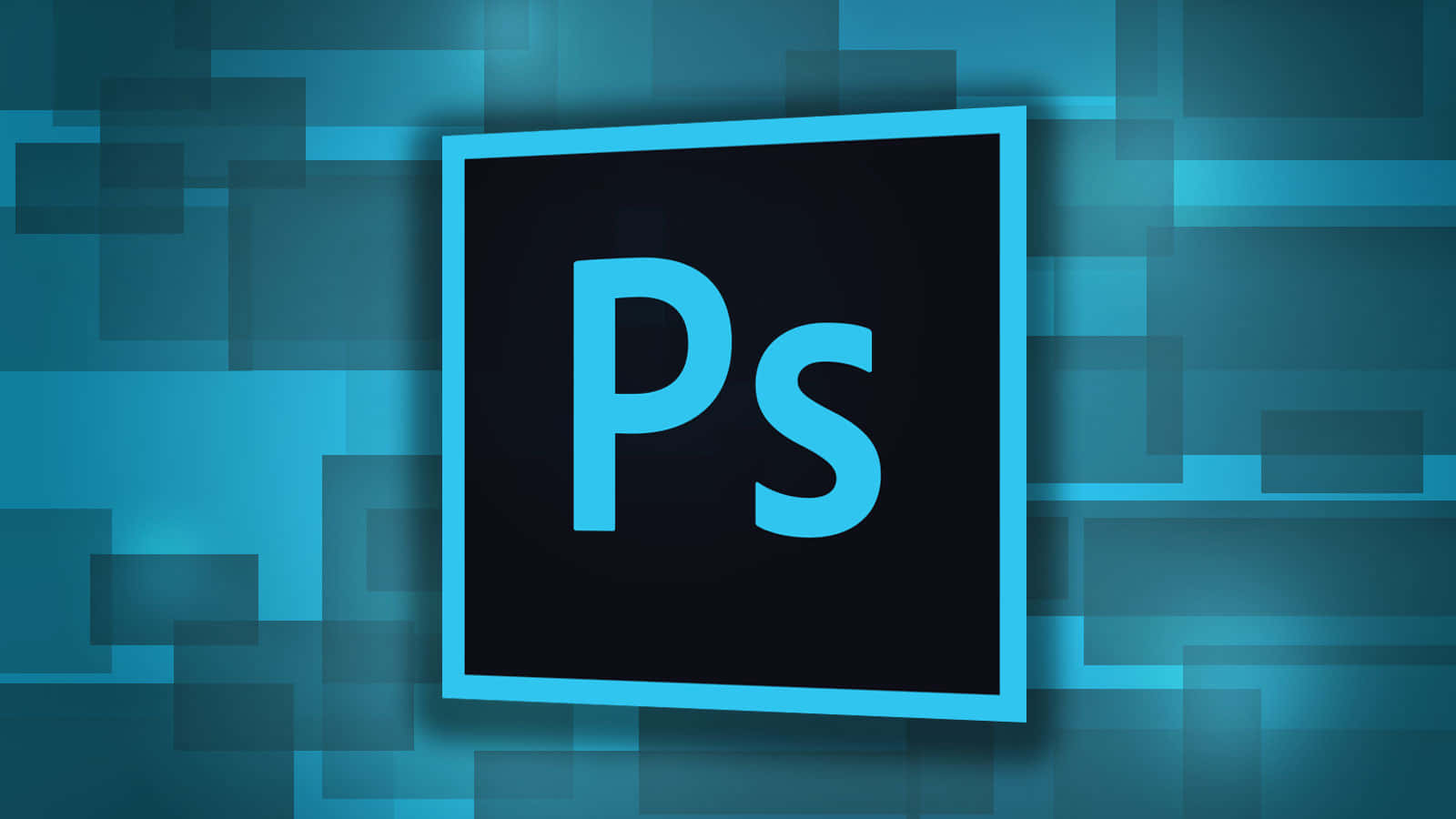 Photoshop Adobe 圖形標誌 壁紙 — Adobe Photoshop 標誌居中於藍色幾何像素背景上，帶有發光青色點綴。