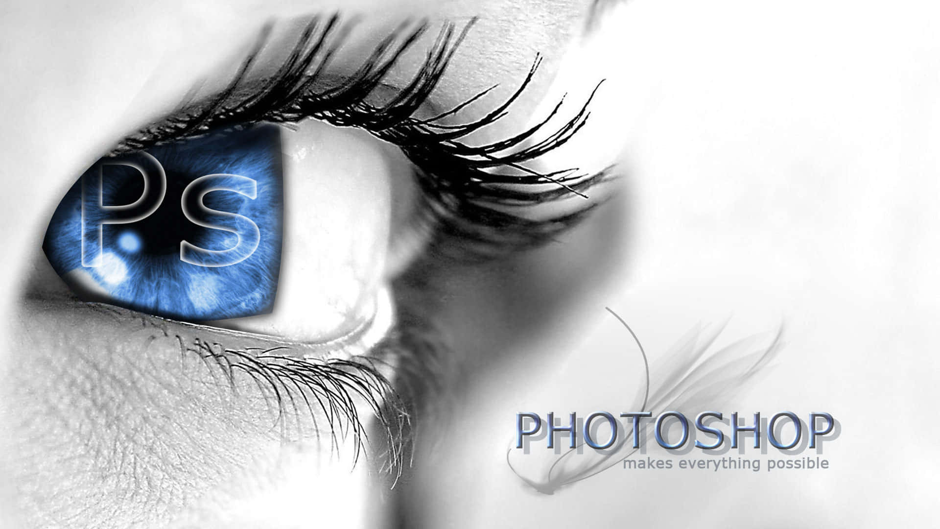 Photoshop 標誌印於藍色眼睛 壁紙 — 人類眼睛的特寫，藍色虹膜反射出Photoshop標誌，背景為單色。