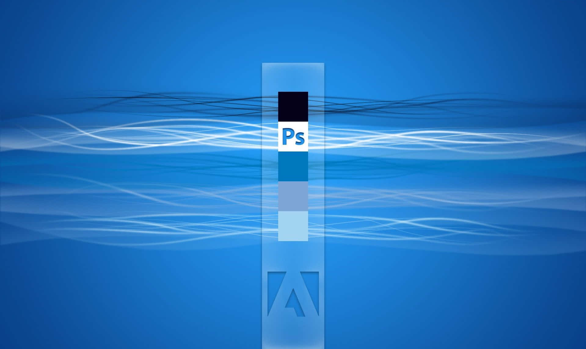Photoshop 最簡約圖形標誌 壁紙 — 一條垂直半透明條，帶有 Adobe Photoshop 和 Illustrator 標誌，漂浮在流動的藍色波浪中，背景為漸變藍色。