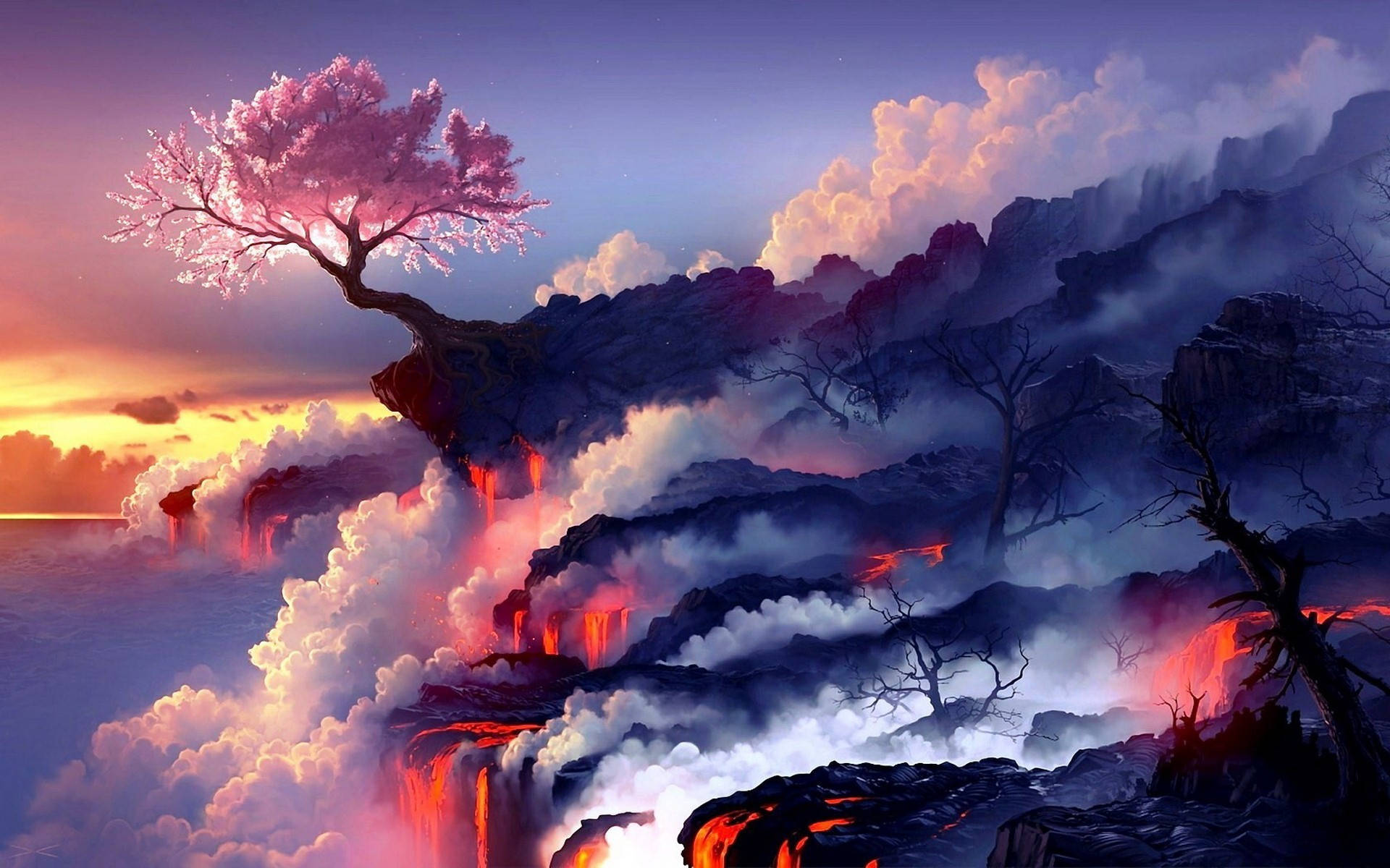 Photoshop 高畫質熔岩與櫻花樹 壁紙 — 一棵孤獨的粉紅色櫻花樹棲息在懸崖上，俯瞰著日落時分發光的熔岩流和霧濛濛的雲層。