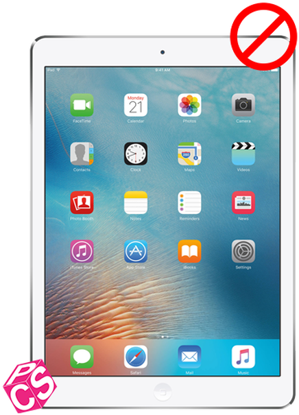 禁止使用Photoshop的iPad Pro 壁紙 — 白色iPad顯示iOS主屏幕，帶有應用程式圖標，背景為藍色和橙色抽象壁紙。