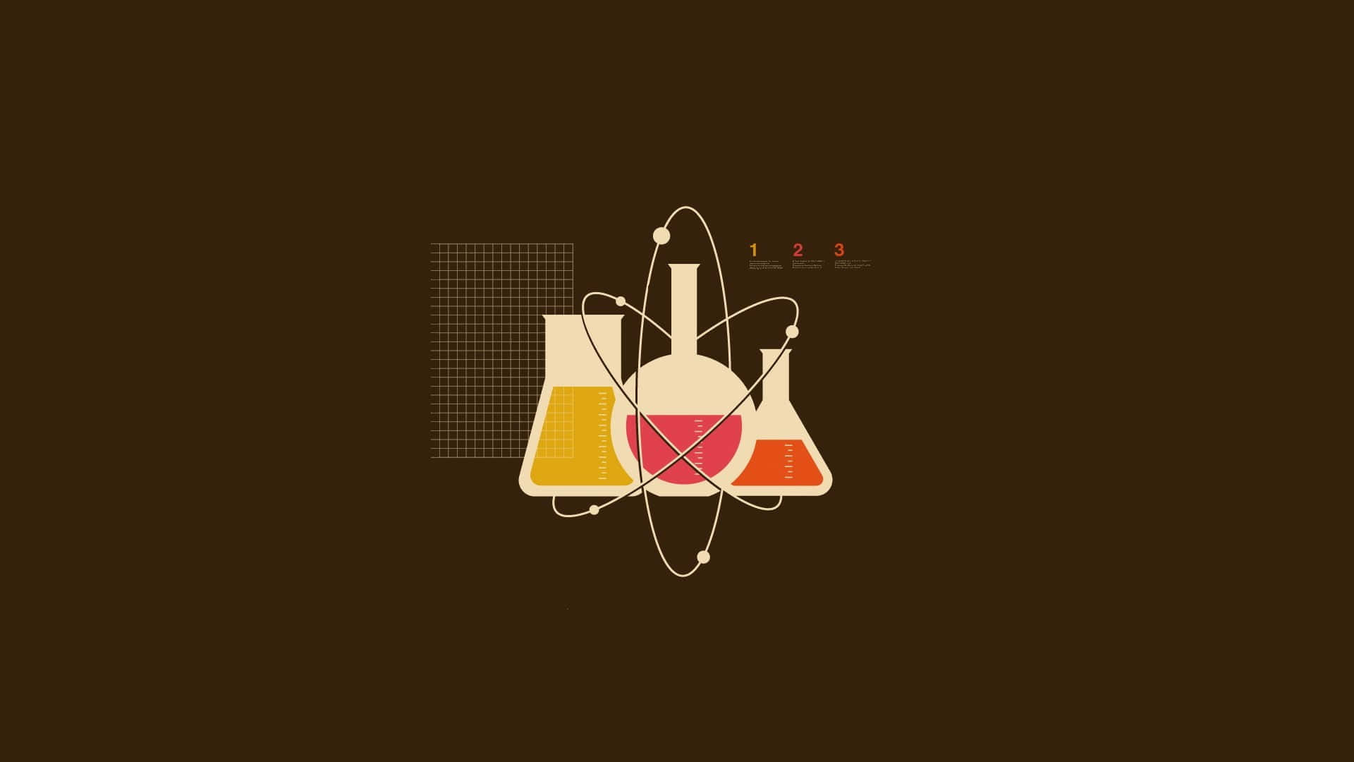 棕色背景上帶有原子軌道和網格的科學燒瓶。