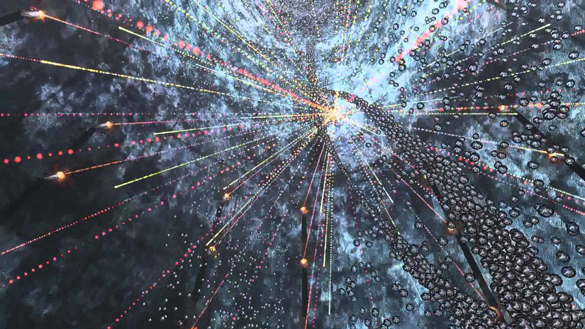 一幅數碼藝術作品，描繪了一條帶有發光粒子和光跡的宇宙隧道。