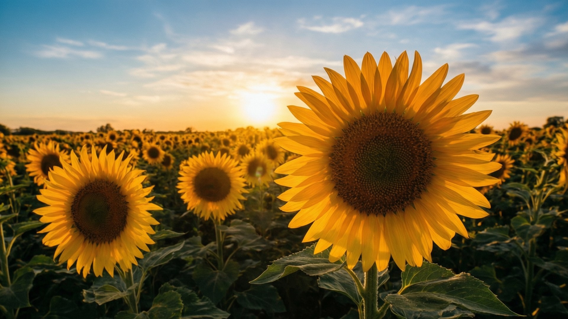Sunflower Field Sunrise 壁紙 — 一片充滿活力的向日葵田，沐浴在金色的日落光芒中，上方是清澈的藍天。