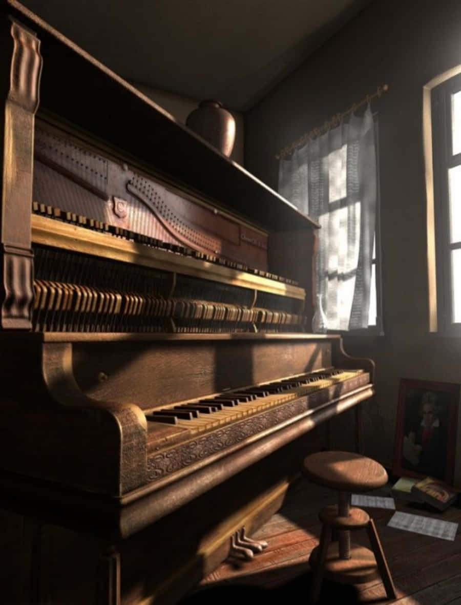 古董直立鋼琴沐浴在陽光中，位於寧靜的復古房間，配有木凳和裱框照片。