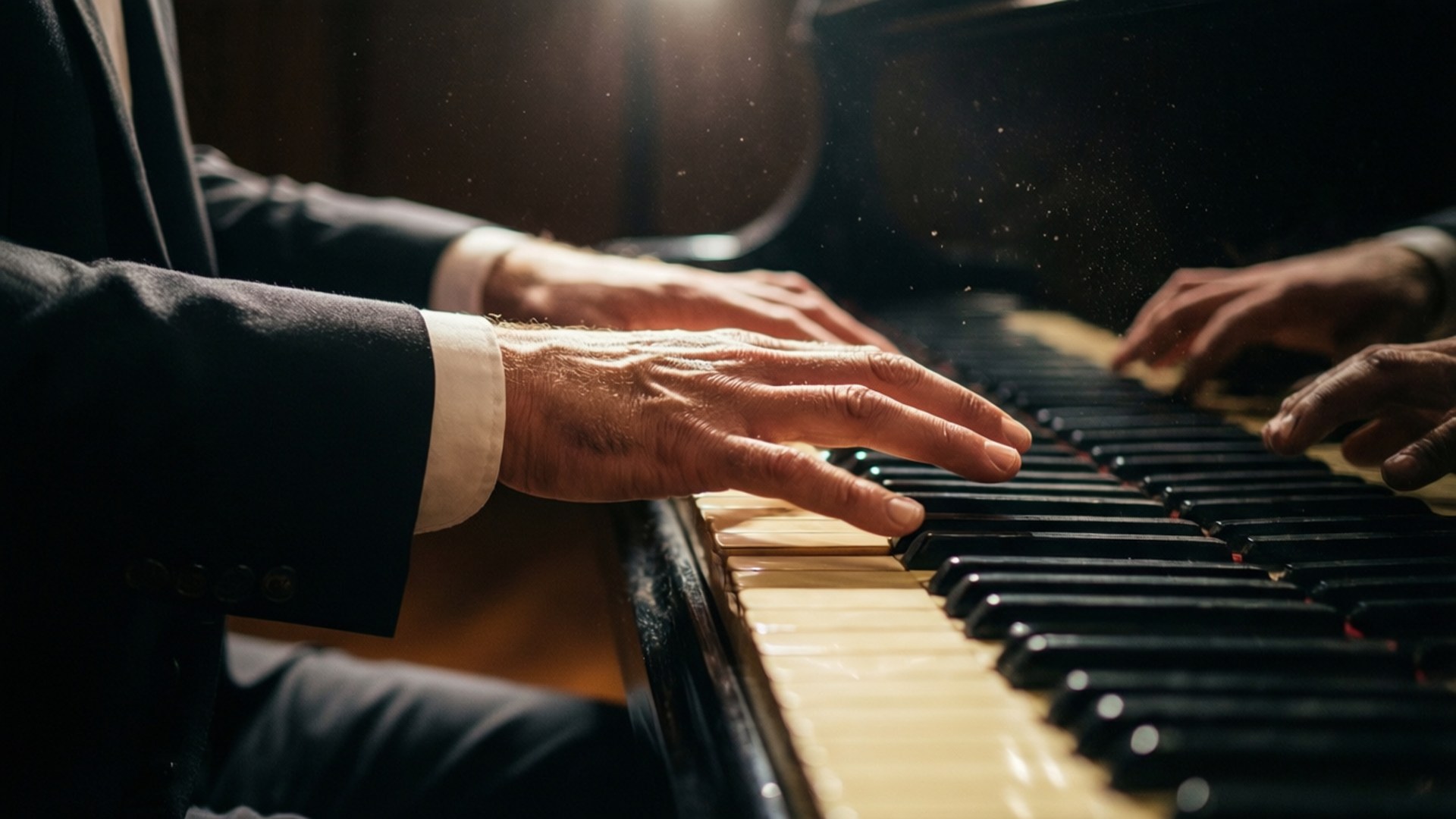 Elderly musician's hands playing grand piano in dimly lit concert hall with floating dust. 壁紙