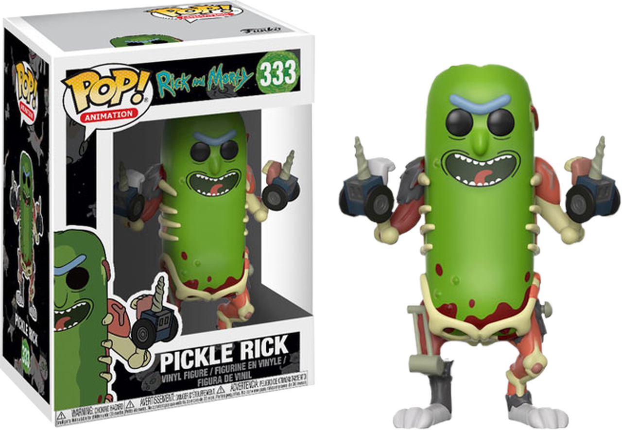 Pickle Rick Funko Pop 公仔 壁紙 — 一個綠色醃青瓜角色，擁有機械四肢和咧嘴笑的表情，站在其標有 Pickle Rick 的 Funko Pop! 盒子旁邊。