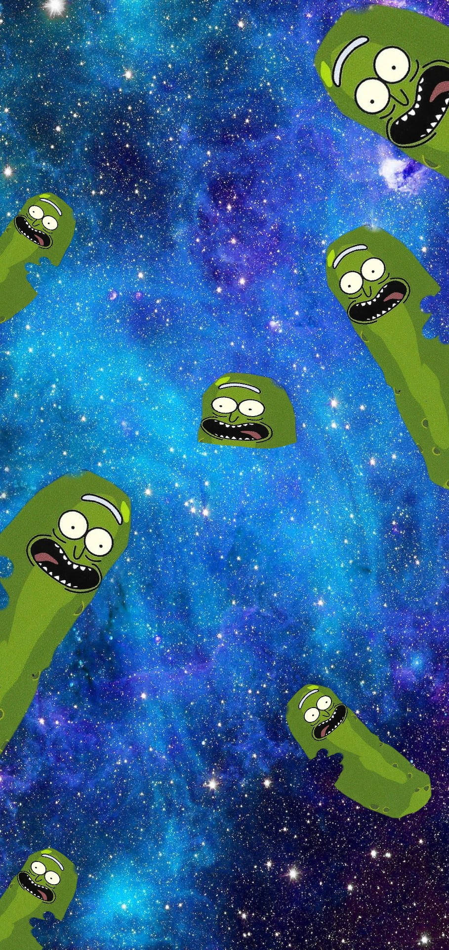 Pickle Rick藍色星際 壁紙 — 綠色醃黃瓜頭角色在充滿星星的充滿活力的宇宙星雲中快樂地漂浮。