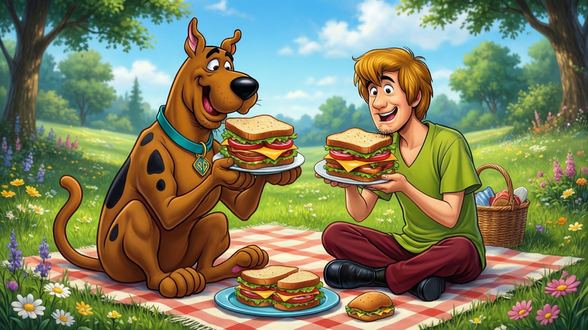 Scooby Doo 和 Shaggy 在陽光明媚的戶外野餐中享用巨型三文治，周圍有色彩繽紛的花朵。