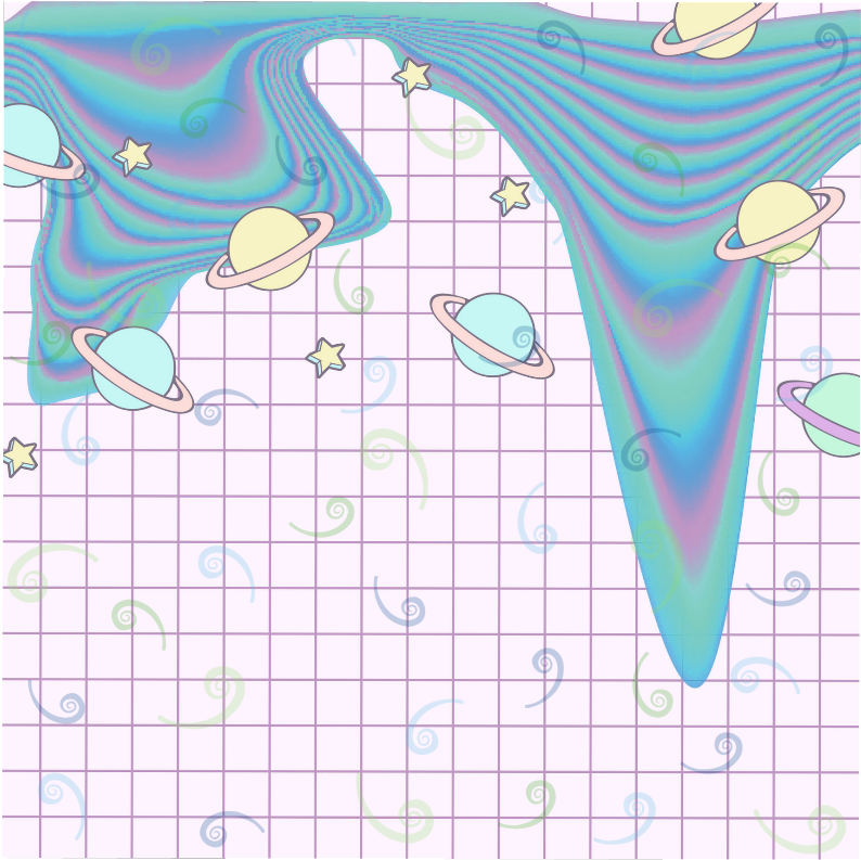 迷幻太空背景Picsart 壁紙 — 柔和色調的行星和星星在帶有螺旋裝飾的網格背景上漂浮於旋轉的宇宙絲帶之間。