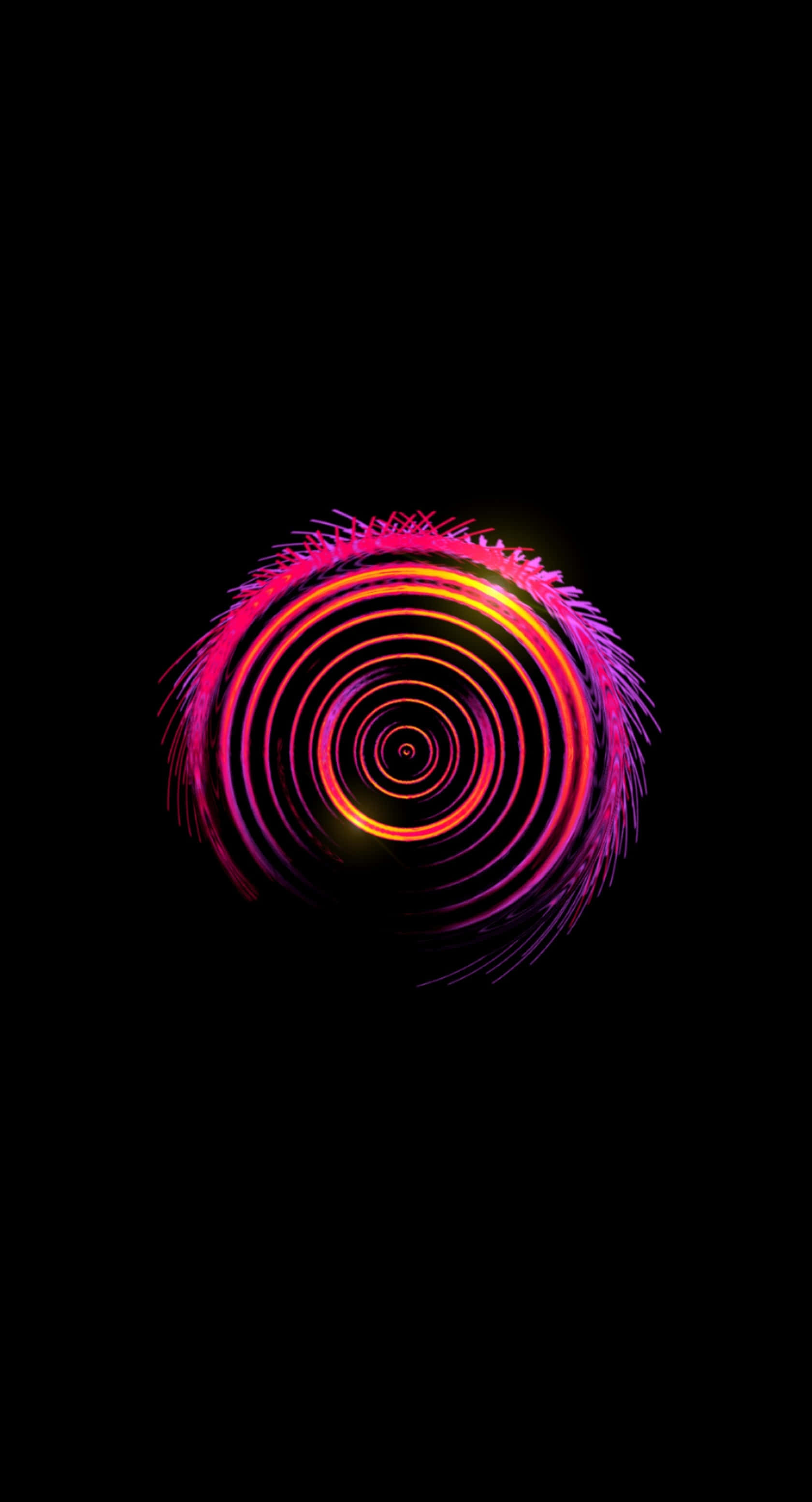 霓虹圓形圖案 Picsart 背景 壁紙 — 充滿活力的粉紅色、橙色和黃色同心圓在純黑色背景上發光，形成催眠般的數位漩渦。