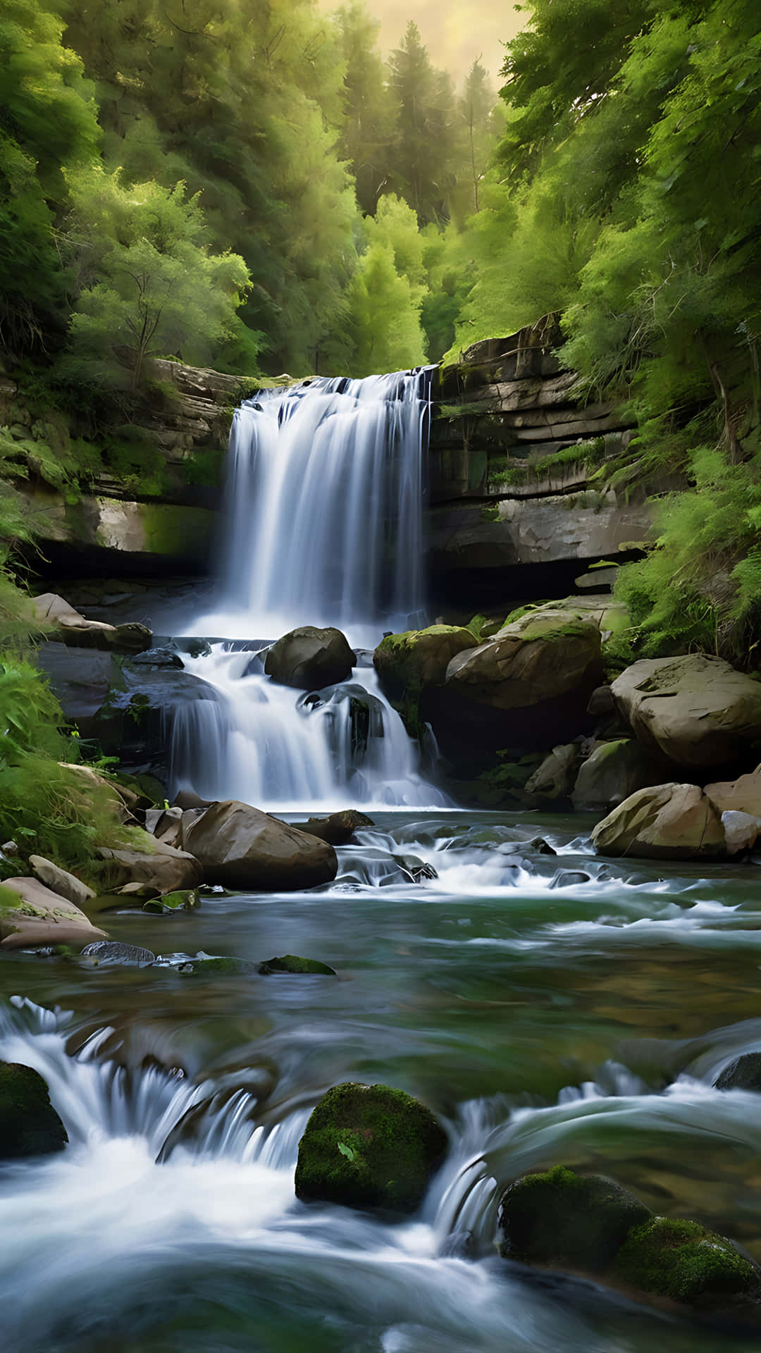 Picturesque Waterfall and River Symphony. smartphone wallpaper 壁紙 — 一道寧靜的瀑布流過長滿苔蘚的岩石，落入清澈的溪流，四周環繞著茂密的綠色森林。