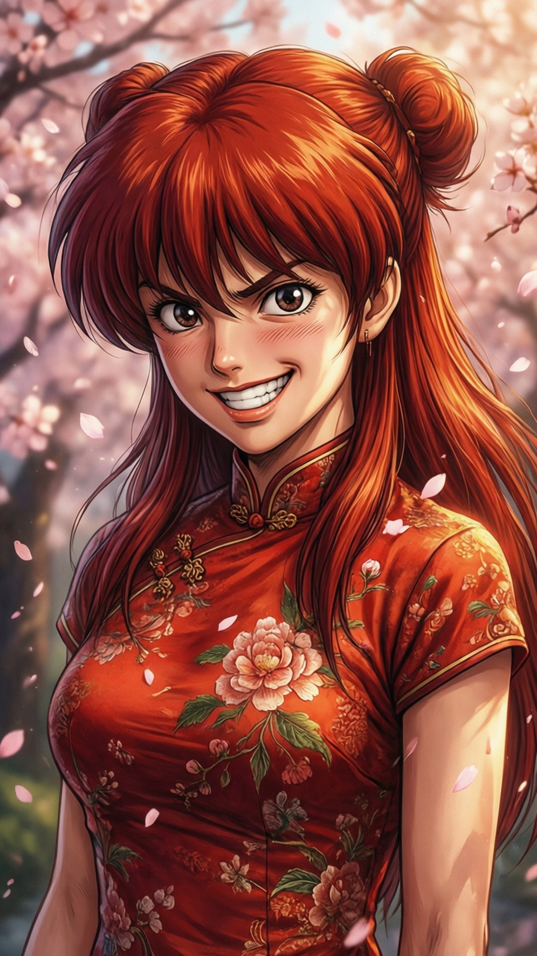 Anime girl in red floral qipao smiling under cherry blossoms. 壁紙