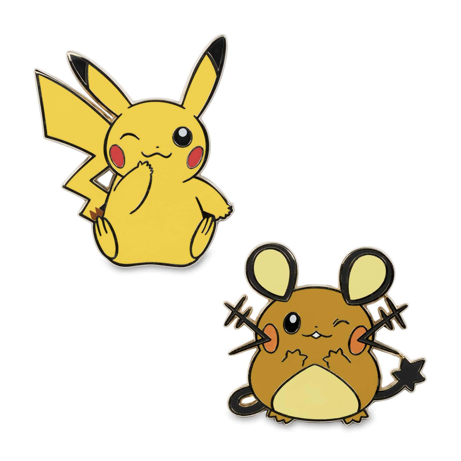Pikachu 與 Dedenne 眨眼 壁紙 — 兩個可愛嘅寵物小精靈琺瑯別針比卡超同拉達喺純白色背景前眨眼同擺姿勢。