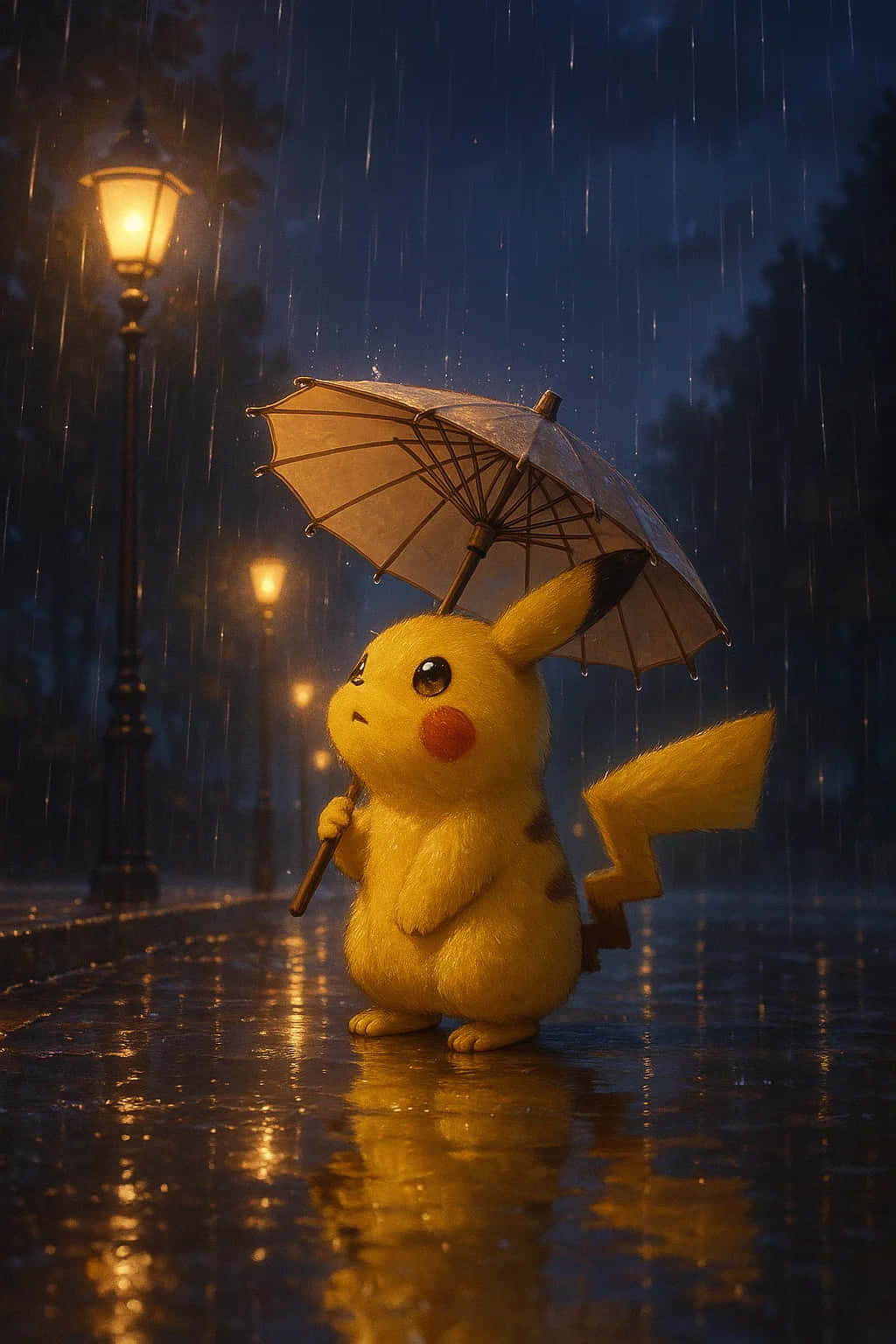 黃色比卡超喺發光街燈下嘅雨中揸住一把傘。