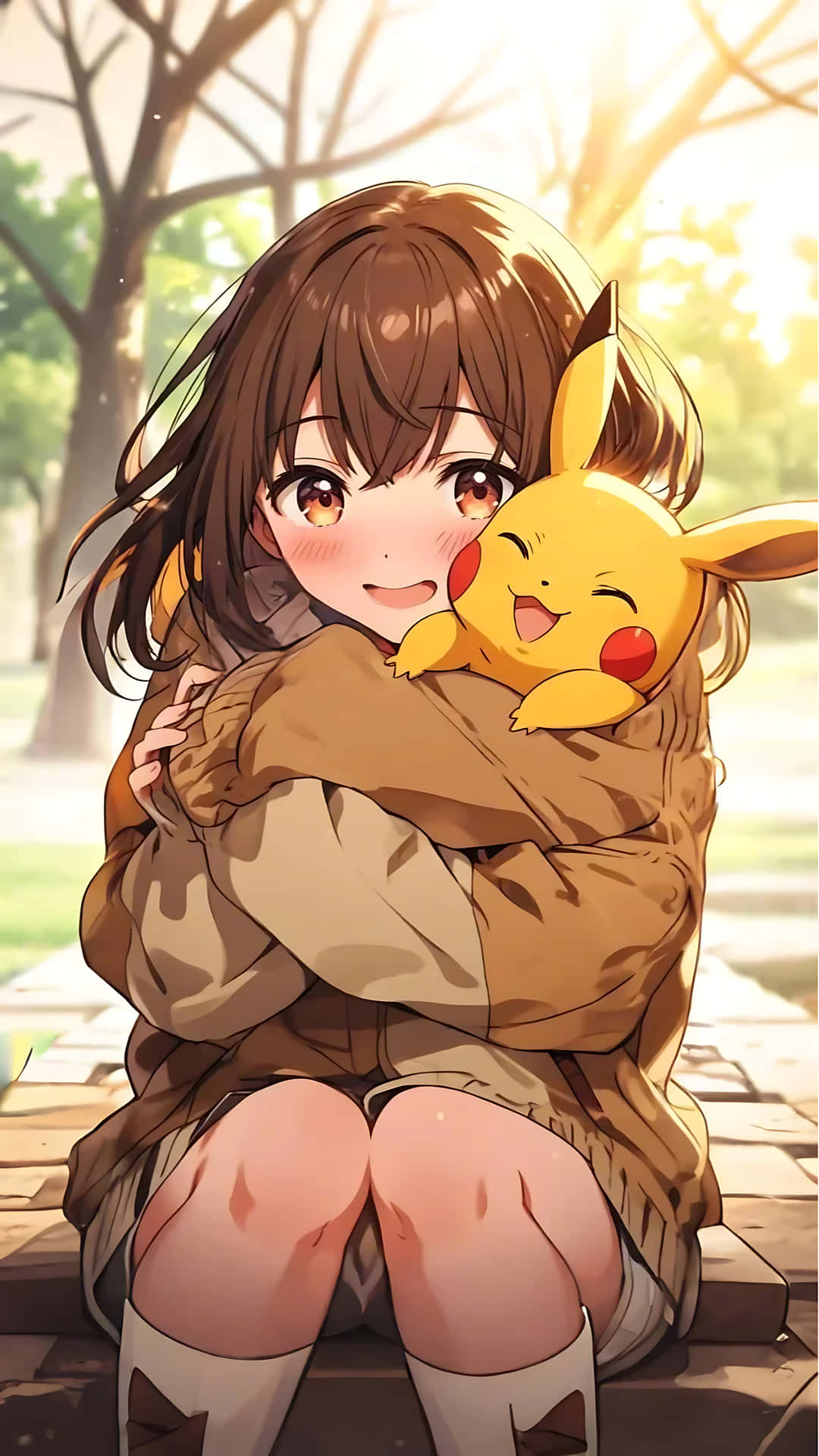 穿棕色外套的動漫女孩在陽光公園的石階上擁抱比卡超