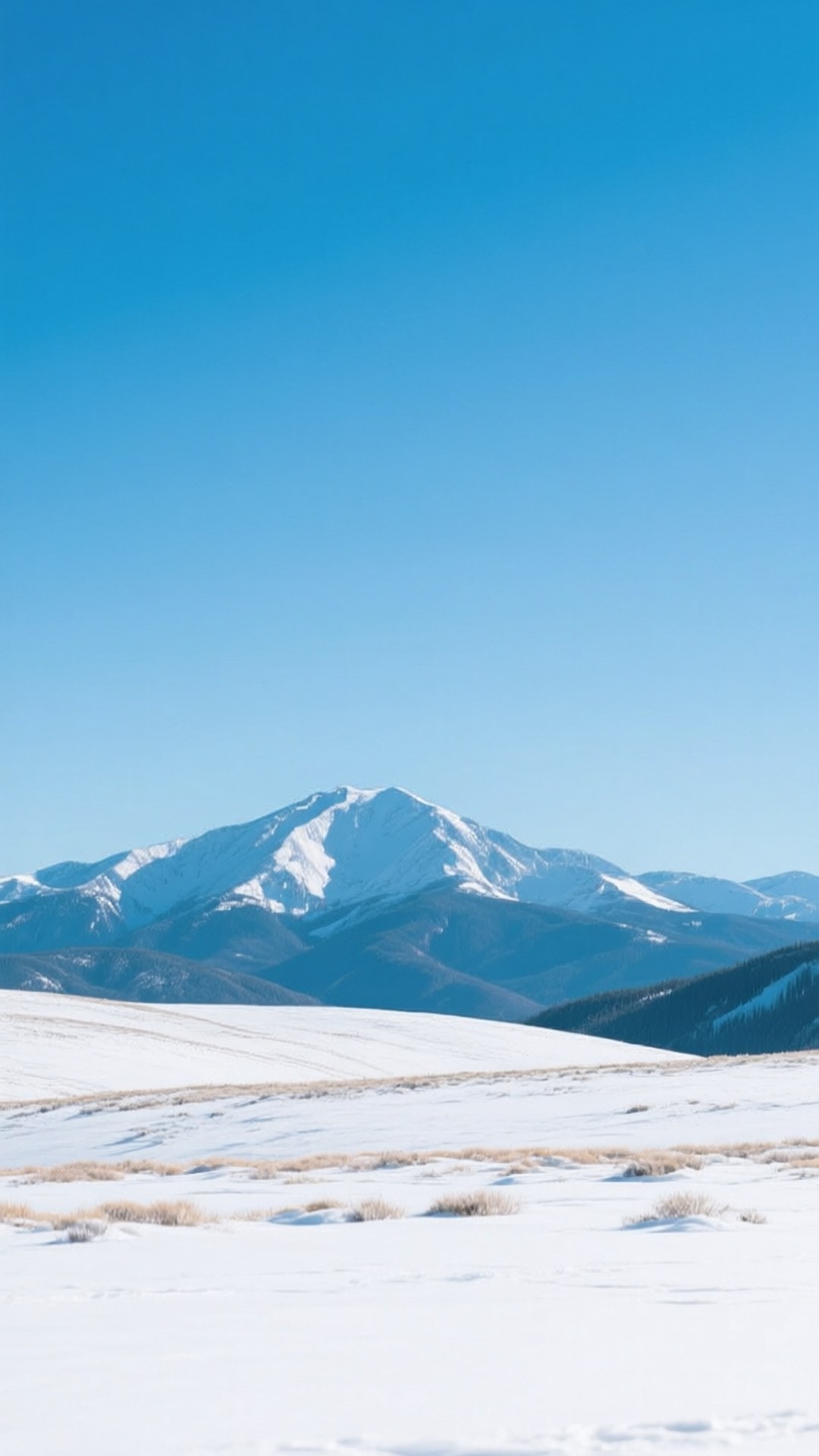 雪原通向雪山，天空晴朗湛藍