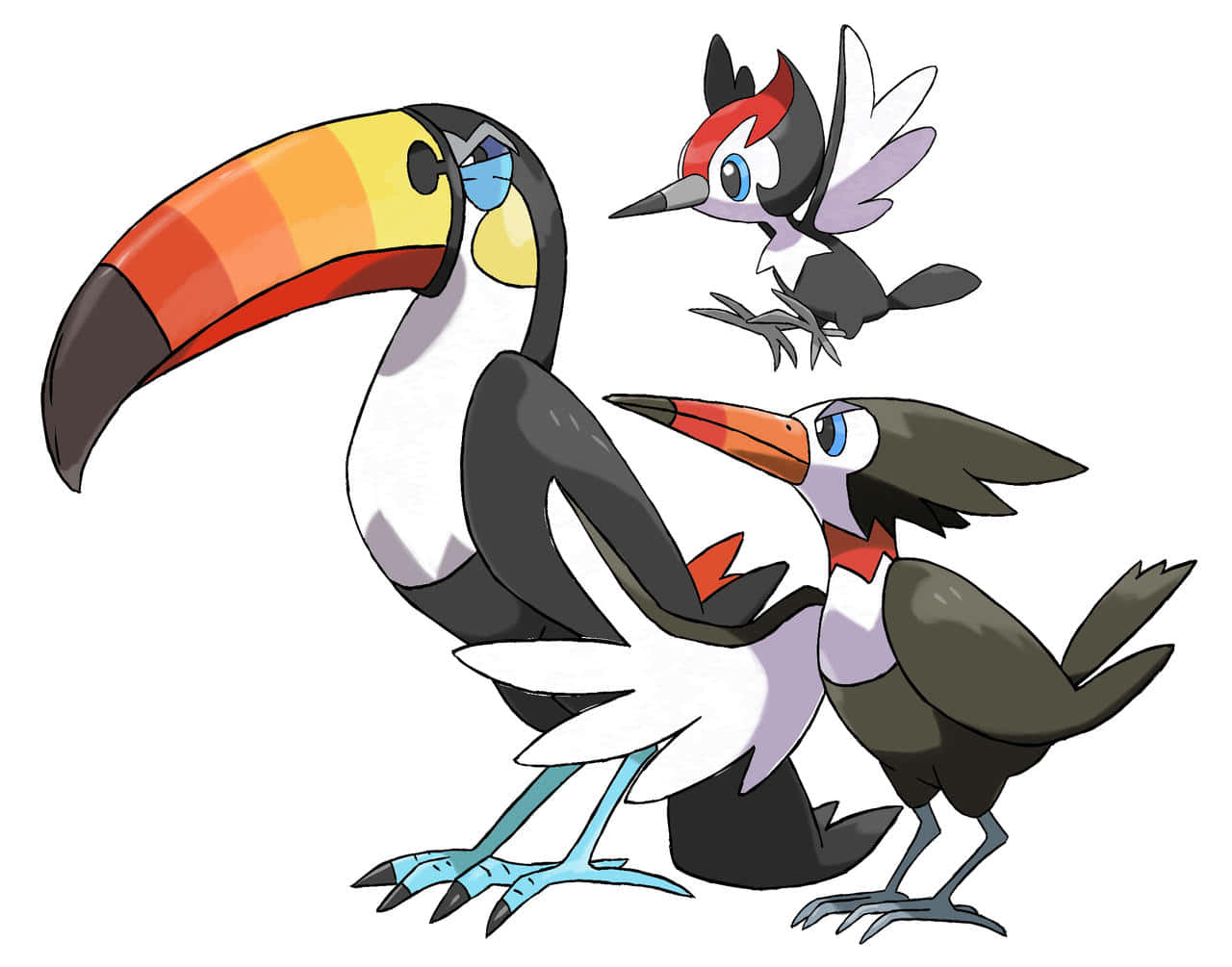 Pikipek、Trumbeak 與 Toucannon 壁紙 — 三隻色彩繽紛的卡通巨嘴鳥風格寶可夢，擁有鮮豔的喙和藍色眼睛，一起站在純白色背景前。