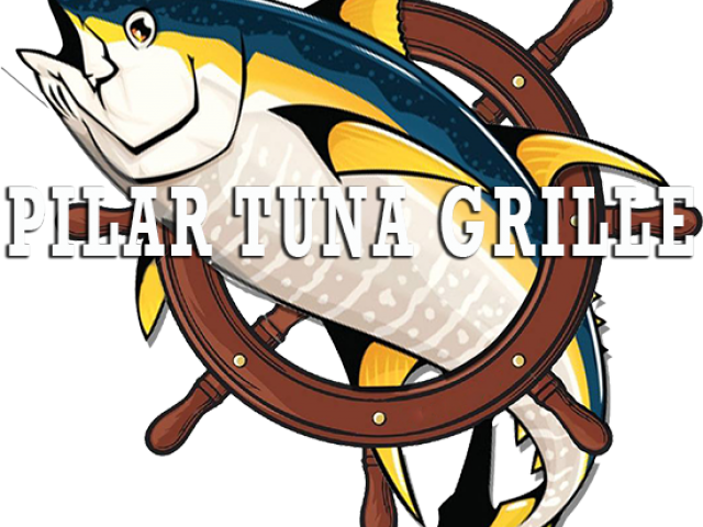 PILAR TUNA GRILLE 標誌 壁紙 — 一條風格化的吞拿魚跳過船舵，以鮮明的色彩和簡潔的線條呈現在黑色背景上。