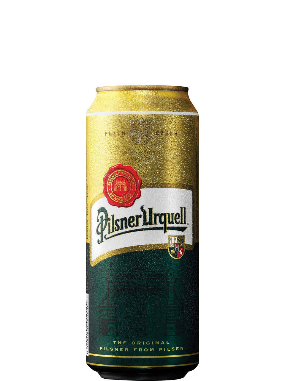 冰凍的Pilsner Urquell啤酒罐，帶有金色、綠色和紅色品牌標識。