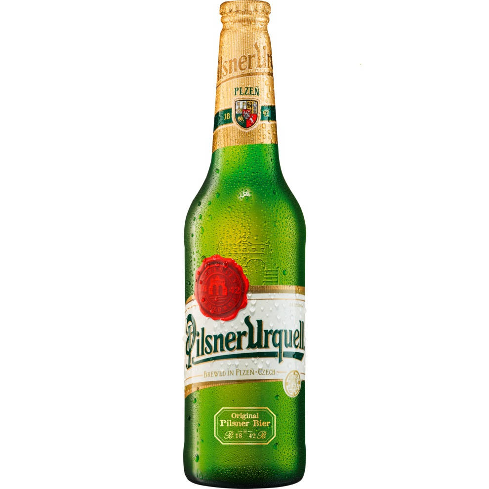 冰凍綠色Pilsner Urquell啤酒瓶，帶有冷凝水和金色蓋。