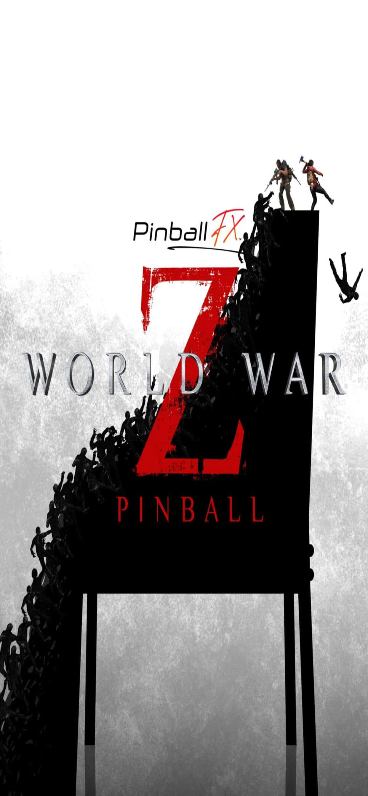 Pinball FX 海報 iPhone XS Max《世界末日》背景 壁紙 — 一部高聳的彈珠機上標有「World War Z」，有一個紅色的Z和剪影的喪屍攀爬其結構，頂部有兩名倖存者。