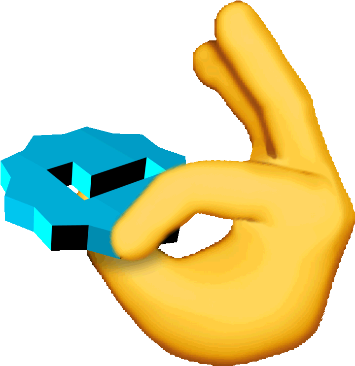 Pinching_ Hand_ Emoji_with_ Diamond 壁紙 — 一隻黃色手在藍色3D齒輪圖標旁邊做出OK手勢，背景為黑色。