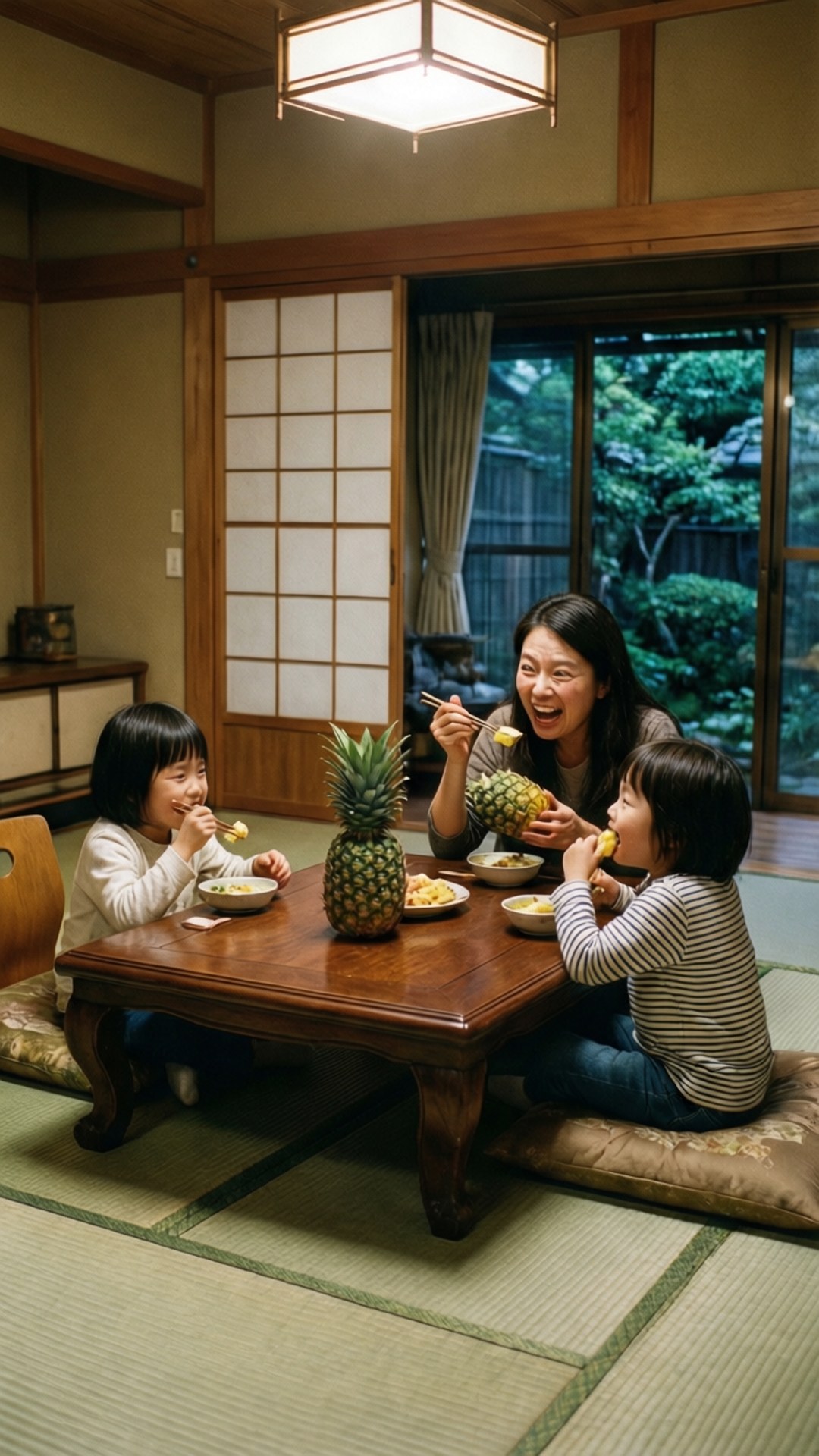 一位微笑的日本母親和她的兩個孩子在榻榻米房間的矮木桌上一起吃菠蘿。