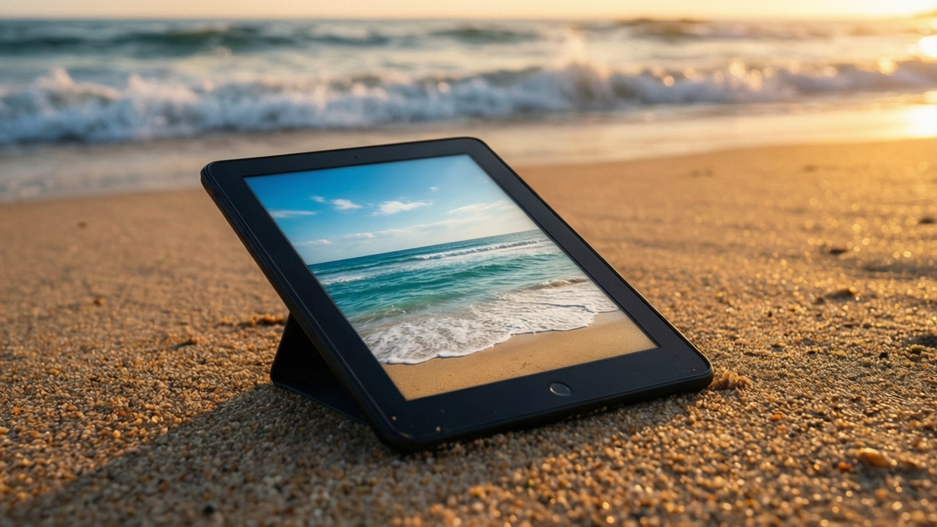 Ebook at Sunset Beach 壁紙 — 一部顯示海灘場景的平板電腦放在溫暖的沙子上，真實的海浪在金色日落時分在附近拍打。