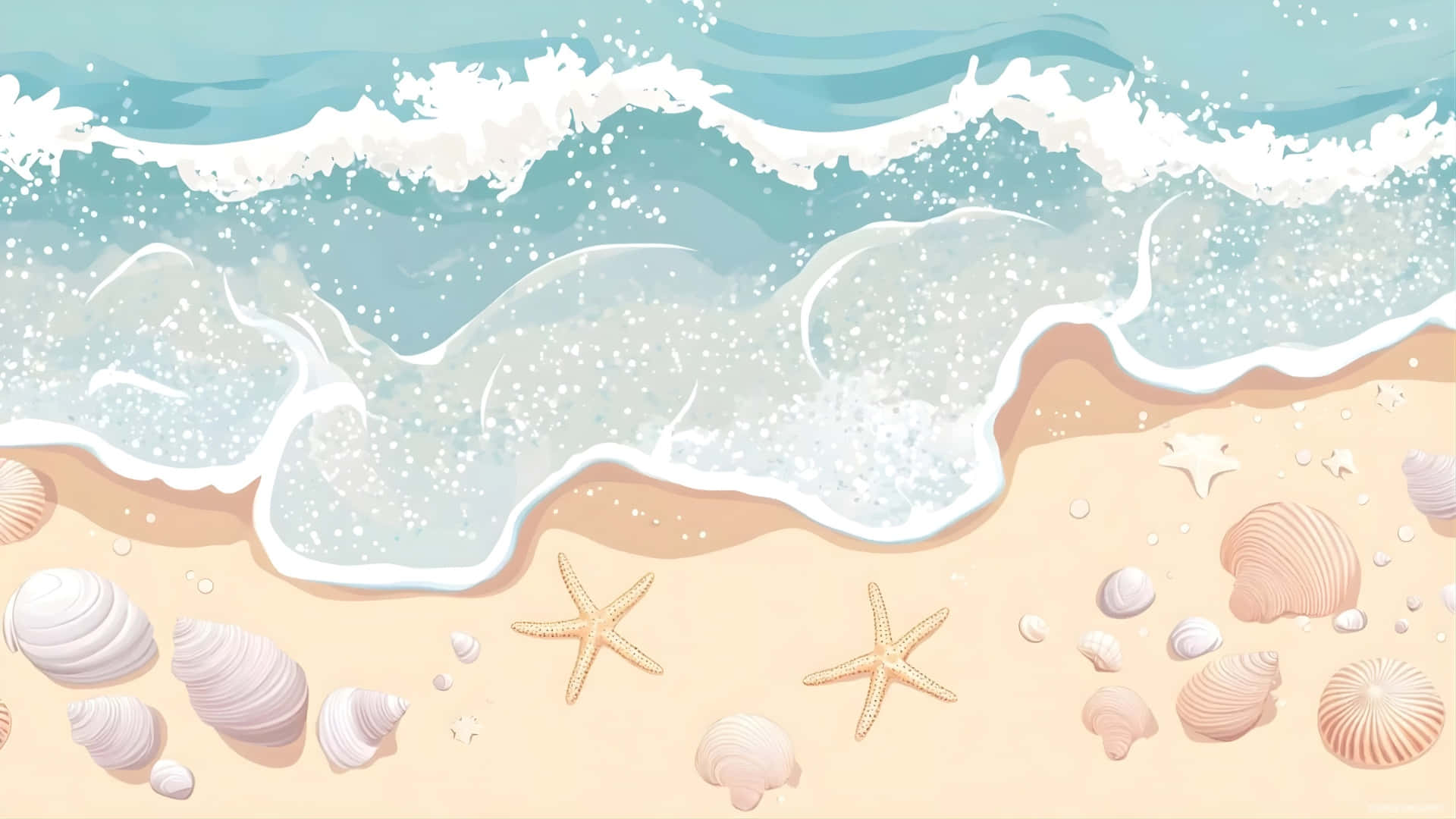  壁紙 — 平靜的海浪輕輕地拍打著散落著海星和貝殼的沙灘。