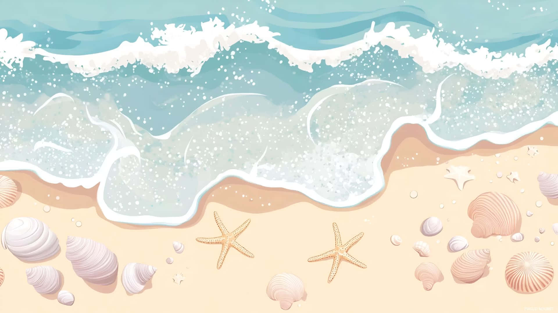  壁紙 — 平靜的海浪輕輕拍打著散落海星和貝殼的沙灘。