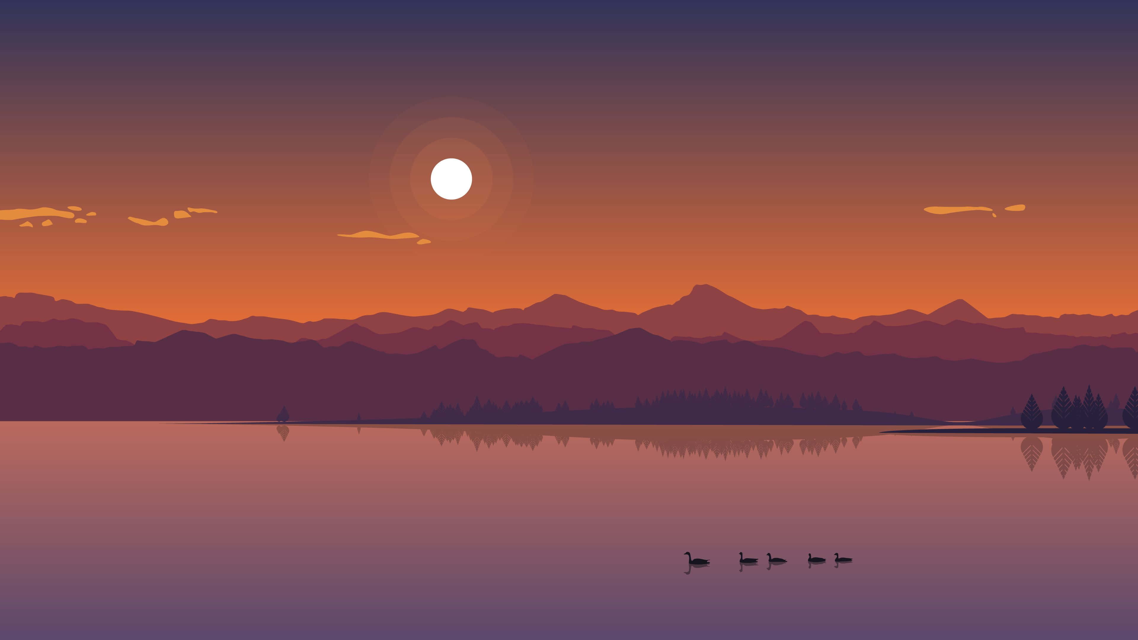 Sunset Painting 桌布 壁紙 — 平靜湖面上的寧靜日落，前景有山脈剪影和游泳的鵝。