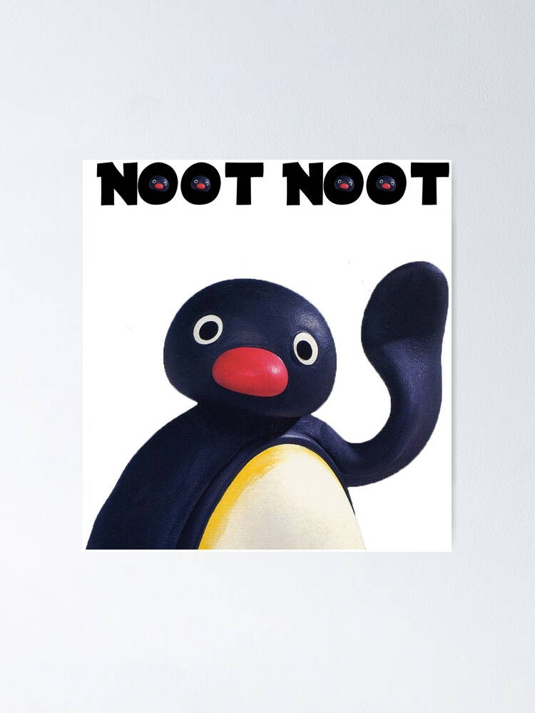 Pingu「Noot Noot」海報 壁紙 — 一隻快樂的藍色企鵝，有紅色喙和黃色肚子，在純白色背景上開心地揮手。