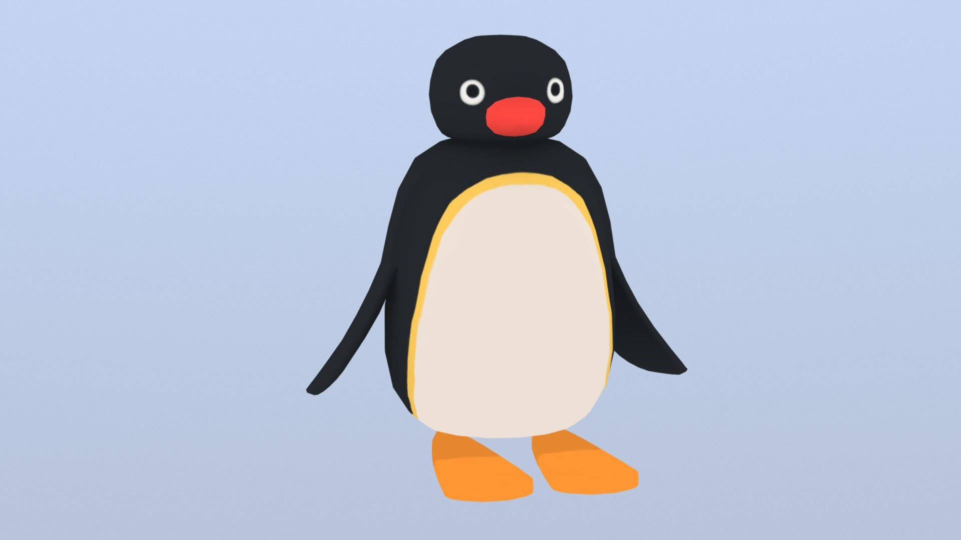 Pingu 簡約數位藝術 壁紙 — 一隻卡通企鵝，黑色身體、奶油色腹部、橙色腳和喙，站在柔和的藍色背景前。