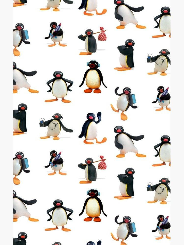 Pingu可愛圖案 壁紙 — 重複的卡通企鵝圖案，以各種姿勢拿著物品，背景為純白色。