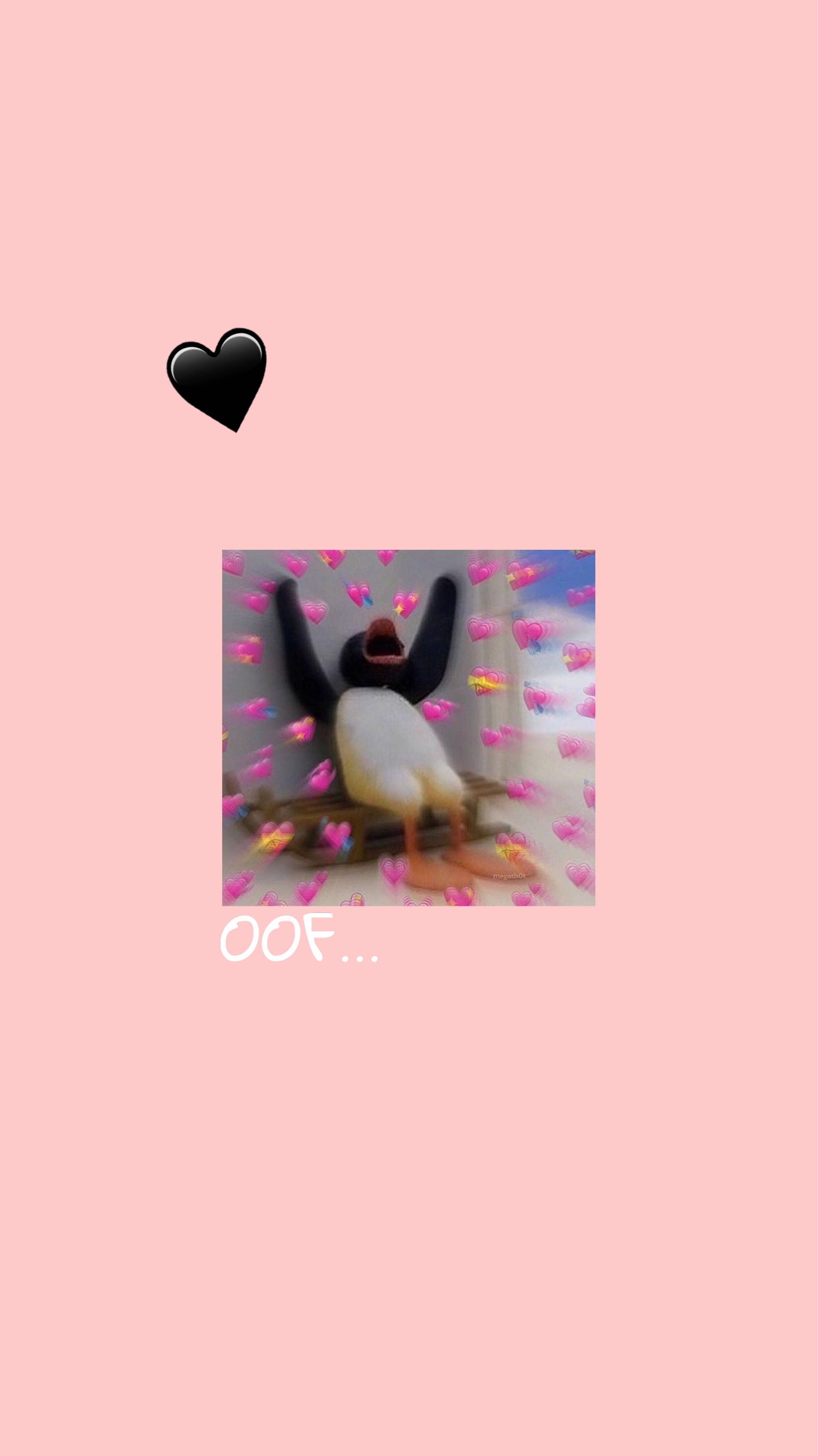 Pingu愛心爆炸塗鴉 壁紙 — 一隻卡通企鵝舉起雙臂張開嘴巴，坐在長椅上，周圍有粉紅色心形圖案，背景是柔和的粉紅色。