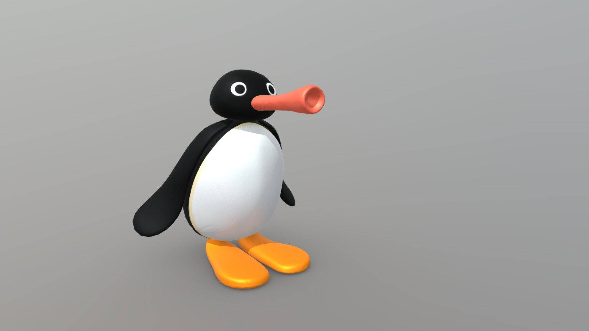 Pingu招牌「Noot Noot」嘴型 壁紙 — 一隻3D渲染的卡通企鵝，有黑白羽毛、橙色喙和腳，站在純灰色背景前。