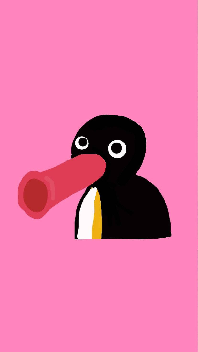 Pingu極簡線條畫 壁紙 — 一隻極簡卡通企鵝，擁有長長的粉紅色喙和白色黃色胸部，站在純粉色背景前。