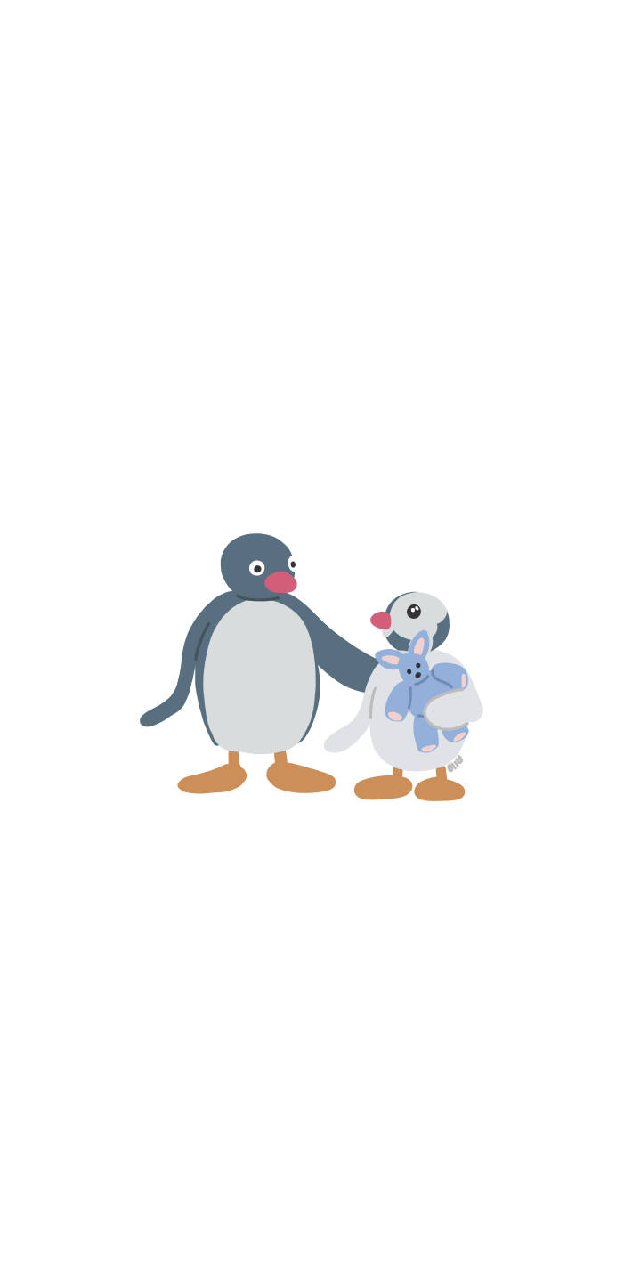 Pingu與Pinga抱兔子 壁紙 — 兩隻卡通企鵝站在一起，其中一隻拿著藍色毛絨兔子，背景是純白色。