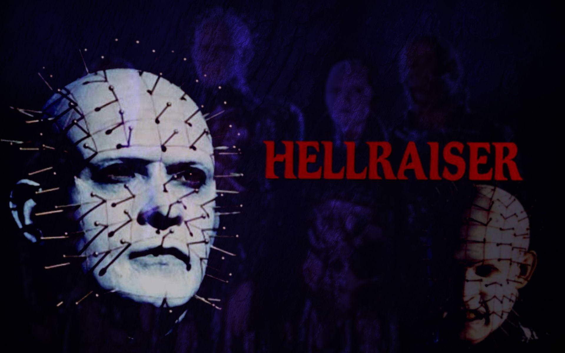Pinhead Hellraiser 海報 壁紙 — 《養鬼吃人》中針頭怪物的威脅性特寫，他的臉上突出別針，背景為深色，帶有紅色標題文字。